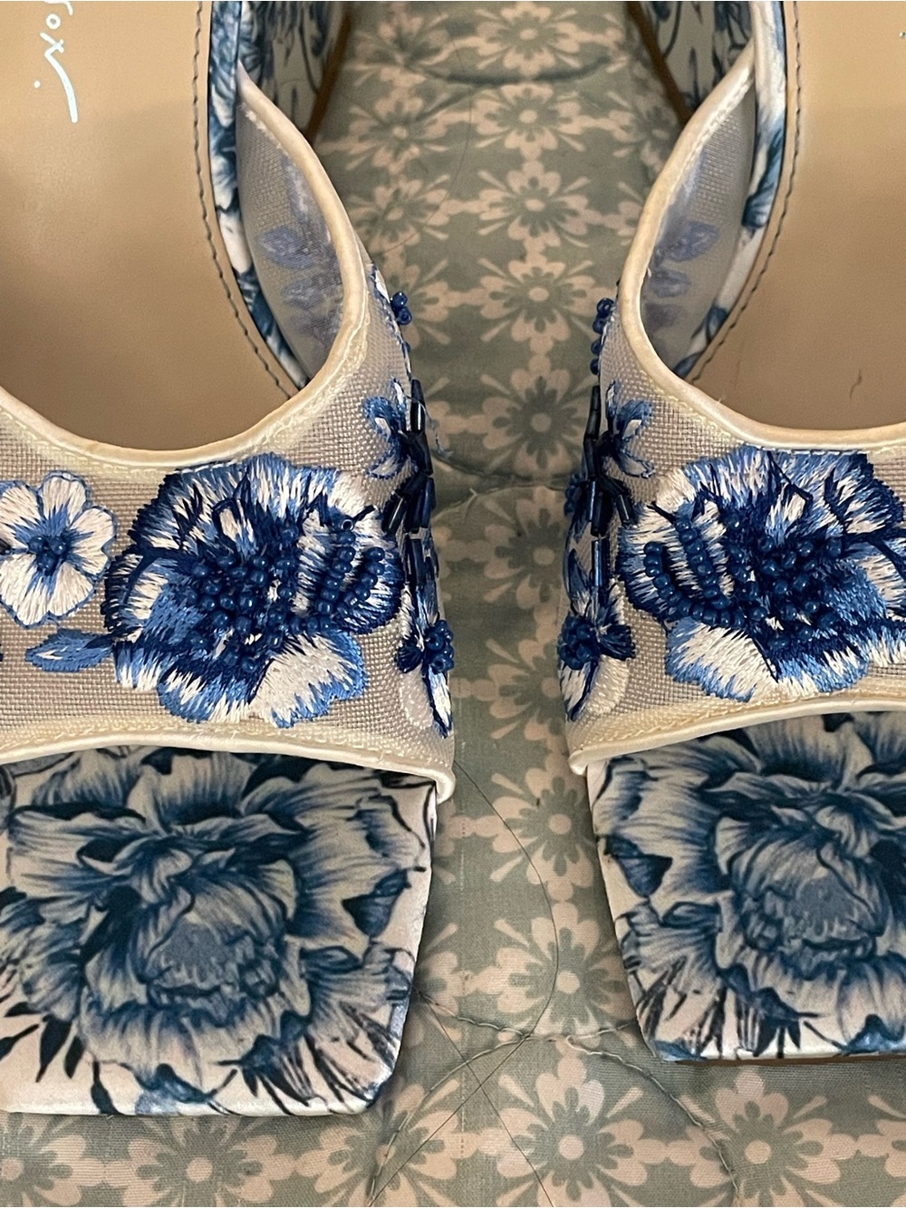Betsey Johnson Blue and White Embroidered Floral Open-Toe Mules